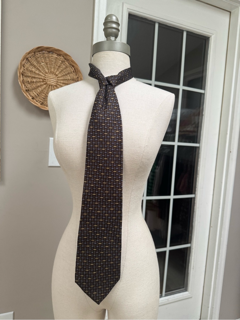 Valentino Cravatte Silk Tie Made In Italy Brown Gold Slate Blue Geometric Grid